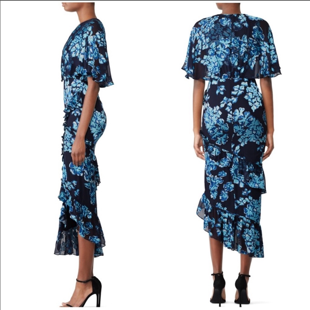 Saloni Blue Rose Ruffle Silk Midi Dress 6 - Picture 5 of 6